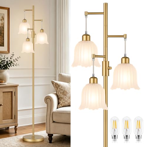 Image of Dimmable Flower Floor Lamp, 3 x 900LM LED Bulbs Included, Modern | 70 inch Gold Tree Standing Lamp, 3 Lights Elegant Frosted Glass Flower Shade Vintage Floor Lamps for Living Room, Bedroom, Office