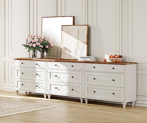 Image of WAMPAT Kids Dresser with 9 Drawers, Baby Dressers with Wide Chest of Drawers, Mid Century Modern Wooden Closet Storage Organizer, Large Wood Dressers for Bedroom, Nursery, Hallway, Off White