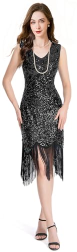 Image of Women Flapper Dresses 1920s V Neck Beaded Fringed Great Gatsby Club & Night Out Dresses