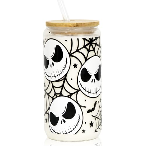 Joyseller Halloween Iced Coffee Can Glass, 18oz Nightmare Halloween Cup with Lid and Straw, Spooky Season Glass Tumbler for Fall Gifts