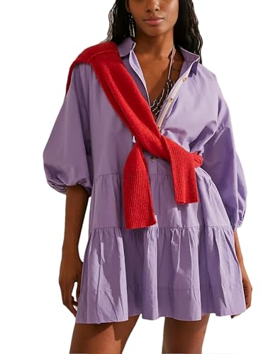 Image of HangNiFang Women's Summer Babydoll Mini Dress Flowy Puff Sleeve Tiered Button Down Oversized Tunic Dress with Pockets