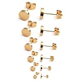 Ruifan 20G Stainless Steel Flat Top Stud Earrings for Men Women 3-8mm 6Pairs - Gold