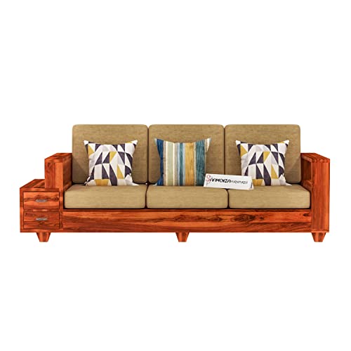 Image of Sheesham Wood 5 Seater Sofa Set with 2 Drawer Storage | 3+1+1 Wooden Sofa Set Furniture for Living Room Home Office (Honey)
