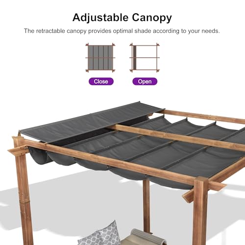 PURPLE LEAF 10\' x 10\' Outdoor Retractable Pergola with Sun Shade Canopy Patio Metal Shelter for Garden Porch Pavilion Natural Wood Grain Frame Aluminum Gazebo Modern Backyard Grill Pergola Gray