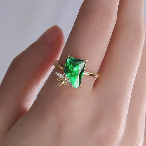 Emerald Green CZ Square Statement Ring for Women 14K Gold Plated Cute Honeybee Bee Rectangle Crystal Adjustable Open Finger Bands Stacking Wedding Engagement Promise Rings Delicate Jewelry for Bride2