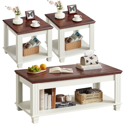 SAVOR LIFE Farmhouse Coffee Table Set of 3,Rustic Wooden Living Room Table Set,Large Coffee and End Side Table Set of 2 with Open Shelf for Living Room,White