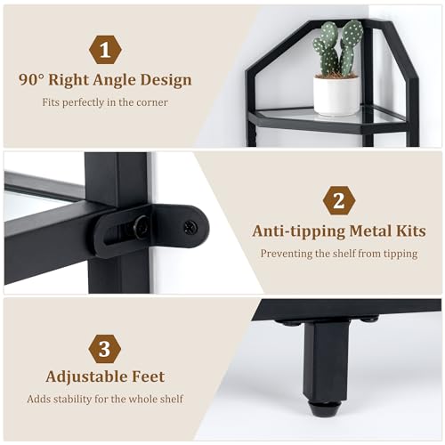 Fun Memories 5-Tier Corner Shelf Stand, Black Corner Bookshelf, Bathroom Storage Rack Shelf, Plant Rack, Tempered Glass, Steel Frame, Modern Style For Living Room, Bathroom, Kitchen, Metallic Black thumb #3