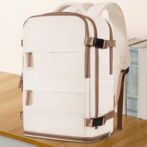 Image of coowoz Large Travel Backpack For Women Men,Carry On Backpack Flight Approved,Hiking Outdoor Rucksack Casual Daypack Travel Bag Essentials Personal Item Backpack (Beige Brown-L)