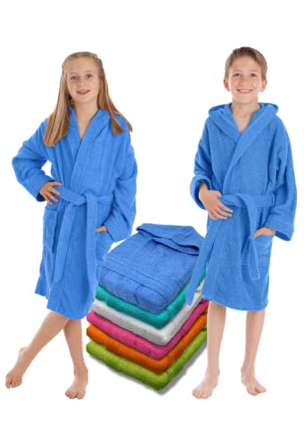 LEBENGOOD - Albornoz Niños Niñas unisex, Infantil - 100% Algodón OEKO-TEX®️ - 2 Bolsillos, Cinturón, Capucha, Albornoces Felpa muy suave Niño niña, adolescente… (14, Azulon) Cover