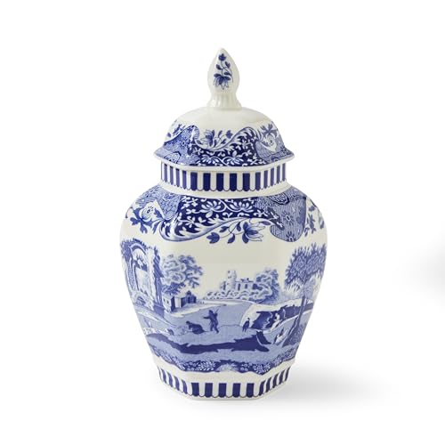 Spode Blue Italian Porcelain Lidded Hexagonal Vase, 5.7-Inch Decorative Accent with Imari Border & Cobalt Detailing for Elegant Display & Storage - Great Urn for Gifting, Wedding, Centerpieces