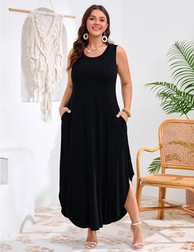 Image of JollieLovin Women Plus Size Summer Tank Maxi Dresses Sleeveless Causal V Neck Beach Long Dresses Swim Cover up (L-5X)