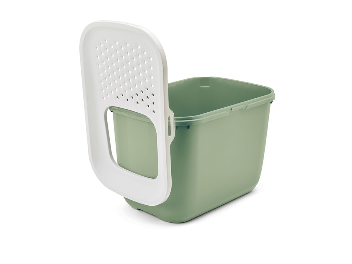 bac litiere pour Chat - Hop in Botanical Green - entrée par Le Haut - Couvercle perforé - côtés Hauts Anti-Projections - 58,5 x 39 x 39,5 cm