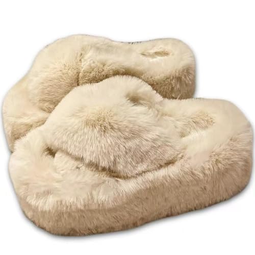 Cross-band Fuzzy Slippers Thick Sole Fluffy Cozy Comfy Memory Foam Open Toe House Slippers for Women Soft Faux Fur Plush Slides Anti-Skid Indoor Outdoor Home Bedroom Shoes