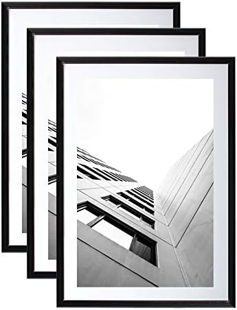 LCD Set of 3 photo frames Black A4 (21x29.7 cm) - Resin picture frame with PLEXI protection glass - Delivered with easel stand and hooks for wall mounting. Ideal for decoration, photo exhibition.