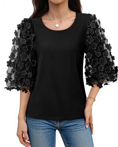 Women Blouses Summe Casual Crew Neck Cotton Tshirts 3/4 Puff Sleeve Mesh with Appliques Fall Tops Goingout3