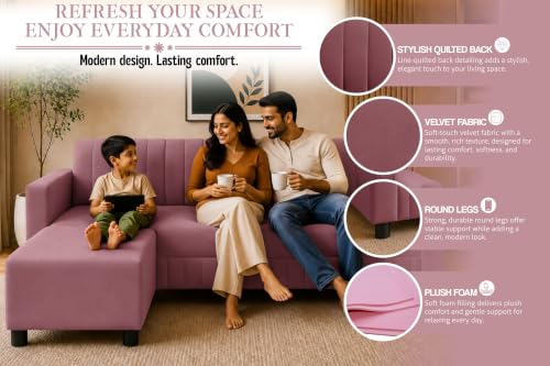 Image of Deco Studio 3 Seater Wooden Sofa with Ottoman | Modern Sofa Set for Living Room | Stylish Home Furniture Sofa with Comfortable Seating-Rose Pink