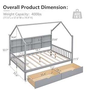 Full Size House Bed for Kids Montessori Platform Bed Frame with 2 Drawers and Storage Shelves Twin Bed Frame with Headboard for Girls Boys Gray 775 L x 576 W x 774 H