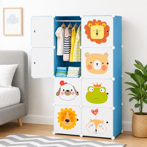 Image of 8 Door Kids Cartoon Wardrobe Storage Cabinet - DIY Modular Clothes Organizer with Hanging Cartoon Design Wardrobe with Multi for Bedroom, Living Room,Entryway (Blue, 8-Door)