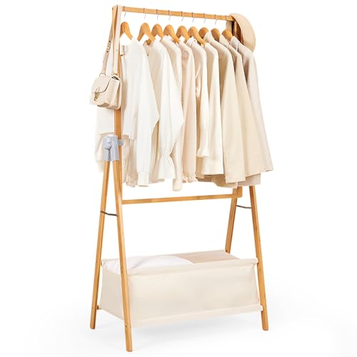 Yorbay Kleiderständer Bambus Garderobenständer mit Aufbewahrungskiste, Freistehender Kleiderstange mit Stoffsäckchen, Faltbarer Garderobe zum Aufbewahren von Kleidung Schlafzimmer Waschküche