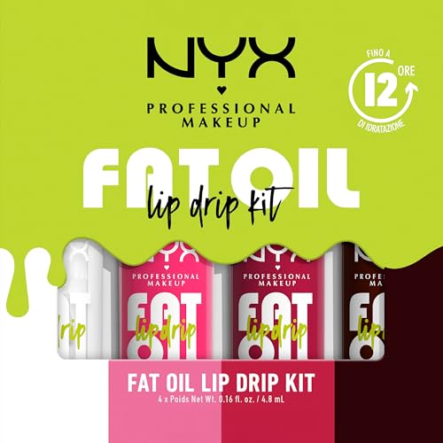 NYX Professional Makeup Set di Gloss Labbra, Finish Extra Brillante, Fino a 12H di Idratazione, Con Maxi Applicatore, Arricchito con Oli di Squalano, Lampone e Camemoro, Fat Oil Lip Drip, 4 Tonalità