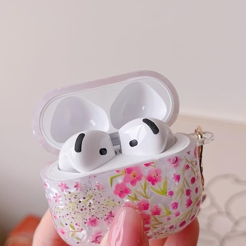 Image of MINSCOSE for Cute Glitter AirPods 4 Clear Case,Shell Pattern Cartoon Flower Aesthetic Design with Floral Keychain,Soft TPU Protective Cover with Cleaner Kit for AirPods 4-Pink