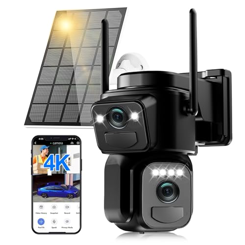 Abiso 4K Solar Security Camera Outdoor Wireless, 360° PTZ 5GHz/2.4GHz WiFi Cameras for Home Security with PIR Motion Detection, Auto Tracking, Siren, Color Night Vision, 2-Way Talk, 2 Lens, IP66