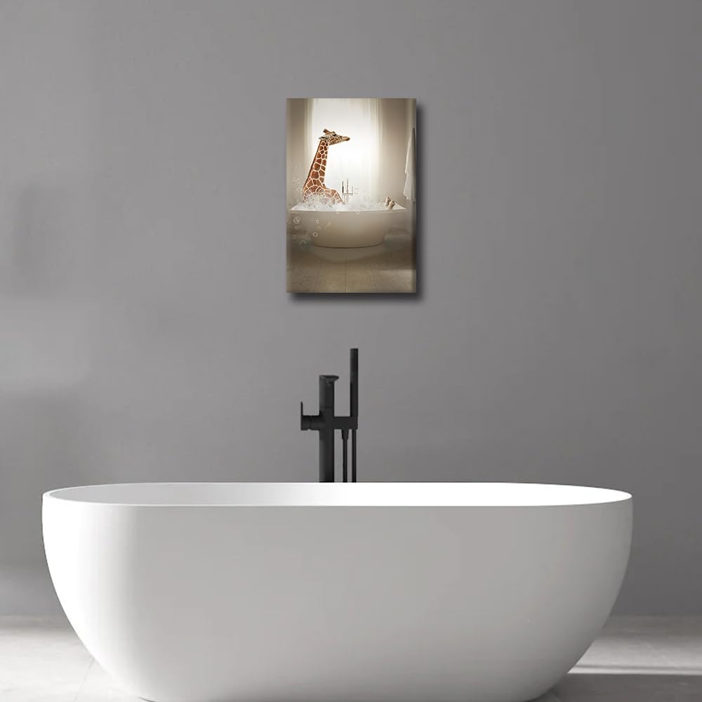 Funny Decor Bathroom Wall Decor Art Canvas Framed Giraffe Bubble Bath for Women Men Giraffe Poster Decor Retro Bathtub Bar Home Decor Ready to Hang - Image 2