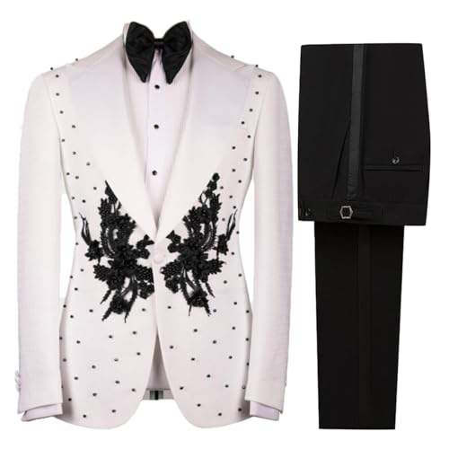 Men's Tuxedo Suit with Applique Slim One Button Dress Blazers Peaked Lapel Jacket Pants Sets for Party Prom Dinner