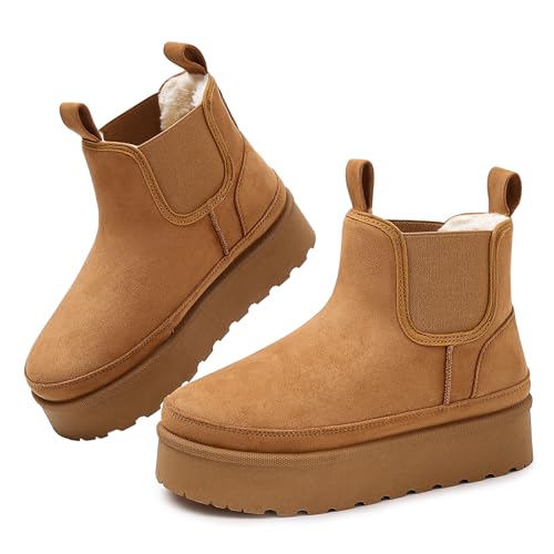 Goldnut Platform Chelsea Ankle Boots for Women: Classic Winter Chestnut Brown Booties with Faux Fur Slip-On Anti-Slip Outdoor Snow Short Mini Boot in 2025 Size 7