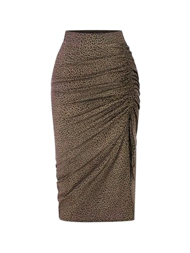 Verdusa Women's Plus Size Leopard Thigh Slit Bodycon Long Skirts Ruched Drawstring Rave Skirt Brown XX-Large Plus