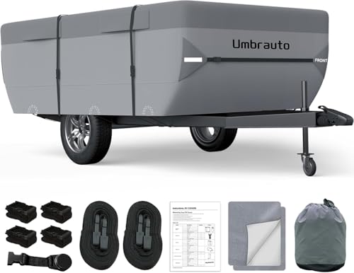 Umbrauto Pop Up Folding Camper Cover Upgraded 7 Layers Top Tent Trailer Cover Waterproof Extra Thick Polypropylene Breathable Ripstop Anti-UV Pop Up Folding Trailer Cover Fits 8' - 10' Trailers