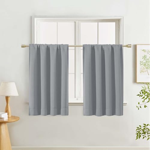 Lecloud Silver Grey Kitchen Curtains 36 Inch Length 2 Pcs, Thermal Insulated Room Darkening Short Cafe Curtains, Rod Pocket Solid Window Drapes for Bedroom Basement, Each Panel 40" W x 36" L