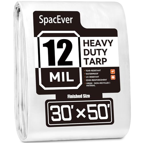 Tarp Heavy Duty 30x50 FT 12 Mil Thick Large Tarps Water-Proof with Grommets UV& Tear Resistant Plastic Cover for Pool Roof Tent Outdoor Firewood White
