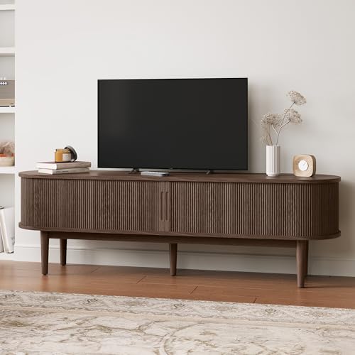 LINSY HOME 70″ Fluted TV Stand for TVs up to 80 Inch, Mid Century Modern Entertainment Center with Storage Cabinet and Sliding Doors, Farmhouse Wood Media TV Console for Living Room, Bedroom, Walnut