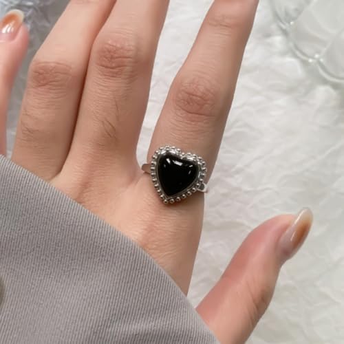 Vintage Black Heart Love Statement Ring for Women Silver Plated Boho Ball Bead Lacy Adjustable Open Wrap Finger Rings Comfort Fit Bohemian Wedding Halloween Accessories Jewelry Gift2