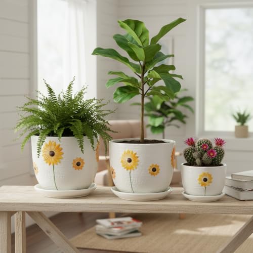 Image of Xtore Beautiful Sunflower Ceramic Planter Pots Set of 3 for Home & Balcony Decor | Glossy Textured Flower Pots with Drain Plates for Indoor Plants, Tabletop & Windowsill Styling (White & Yellow)