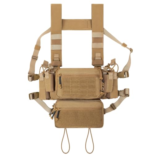 Dotacty Compact Chest Rig with 5.56 & Pistol Magazine Pouch Elastic Radio/Flashlight Holder Tactical Dangler Pouch (Coyote Brown)