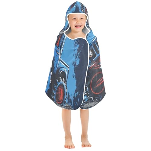 Image of Blue Monster Truck Hooded Beach Towel for Kids, Kids Bath Hooded Towels for Boys Girls, Super Soft Absorbent Bathrobe with Hood for Swin Pool 50 inchx23.5 inch