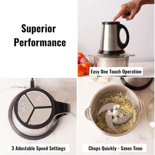 Image of TRADY Electric Food Chopper 3-Speed Stainless Steel Vegetable Chopper | 4D Blade Technology | Multipurpose Meat Grinder, Vegetable Cutter, Egg Beater | 2L Bowl | Powerful Motor Kitchen Processor