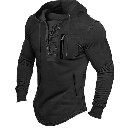 Mens Distressed Tactical Hoodies Sweatshirts Rotro Lace Up Hooded Pullover Outdoor Sports
