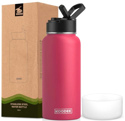Image of Koodee 32 oz Water Bottle with Wide Handle Straw Lid, Vacuum Insulated 18 /8 Stainless Steel Wide Mouth Flask (Canyon Red)