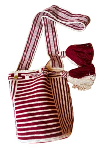 Terra Fusion Wayuu Bolsa de cubo | Bolso hecho a mano | Burdeos Grand, beige Terra Fusion Wayuu Bolsa de cubo | Bolso hecho a mano | Burdeos Grand, beige