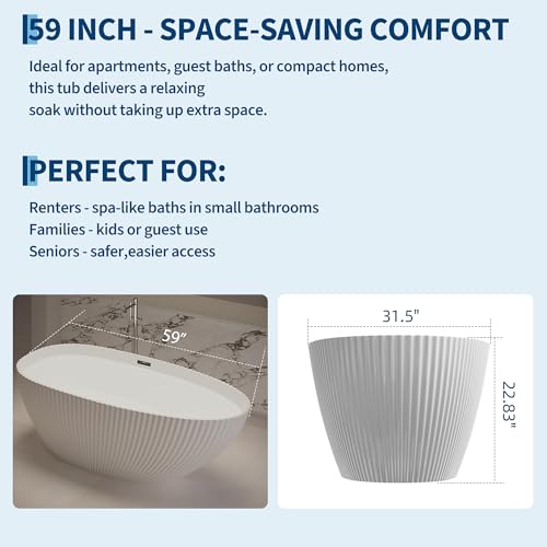 Image of GarveeLife 59 Inch Freestanding Bathtubs, Soaking Tub, Modern Free Standing Bathtub with Integrated Overflow, Deep Ergonomic Design for Spa-Like Relaxation, Acrylic
