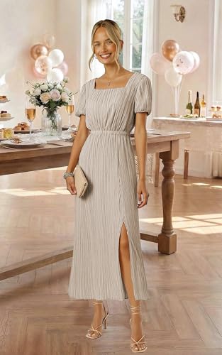Image of ECOWISH Women Maxi Dresses Cocktail Party Wedding Guest Formal Pleated Long Dress Short Sleeve Slit Empire Waist Evening Gown