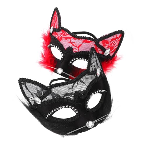 iplusmile 2 Piezas Máscaras de Encaje de Gato para Mujer Mascarada de Halloween con Diseño Elegante y Ligero Accesorios de Fiesta y Cosplay Negro y Rojo