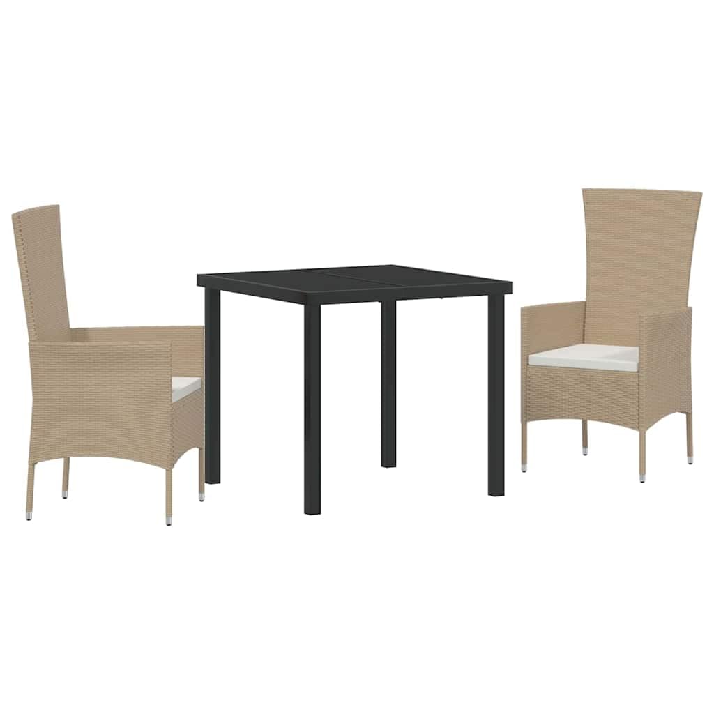 Salon de jardin 3 pièces en polyrotin beige meuble extérieur avec table basse en verre