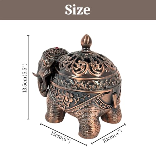 Image of Trunk Down Elephant Incense Cone and Loban Burner, Copper Finish, Handcrafted, Decorative Figurine with Lid, Home Decor, Dhoop Batti and Dhuni Holder for Temple, Meditation