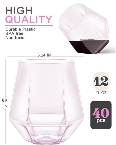 Image of Maaacute 40 Pack Plastic Stemless Wine cocktail Whiskey Champagne Glasses, 12 Oz Disposable Unbreakable Cups for Party Bars Wedding Tasting (Pink)
