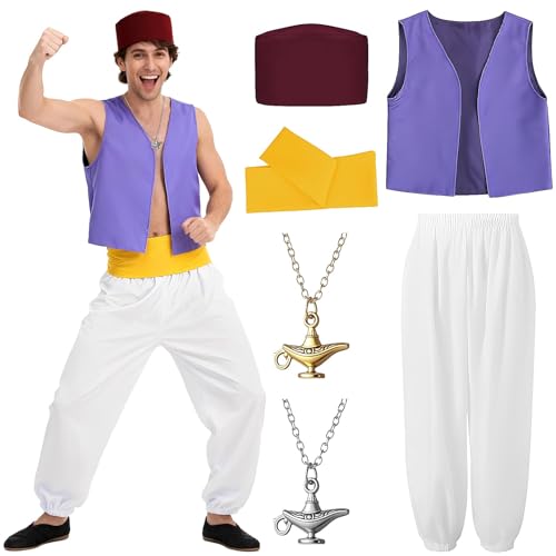 Saier tbo 6 Stück Aladdin Kostüm für Herren Aladdin Prinz Fancy Dress Kit mit Hüte Arabischer Prinz Weste Schärpe Aladinhose Lampenhalskette für Karneval Mottoparty Cosplay (XL)