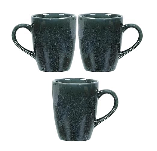 Image of QIMACPLUS Indian Handcrafted Ceramic Stylish Dark Green Colour Finish Elegant Design Plain Sparkling Print Ceramic Cup Mug 350ML (Pack of 3)